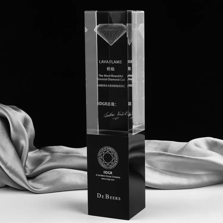 2022 new design custom k9 rectangle carved black crystal trophy 3d laser engraving crystal diamond trophy for business souvenirs