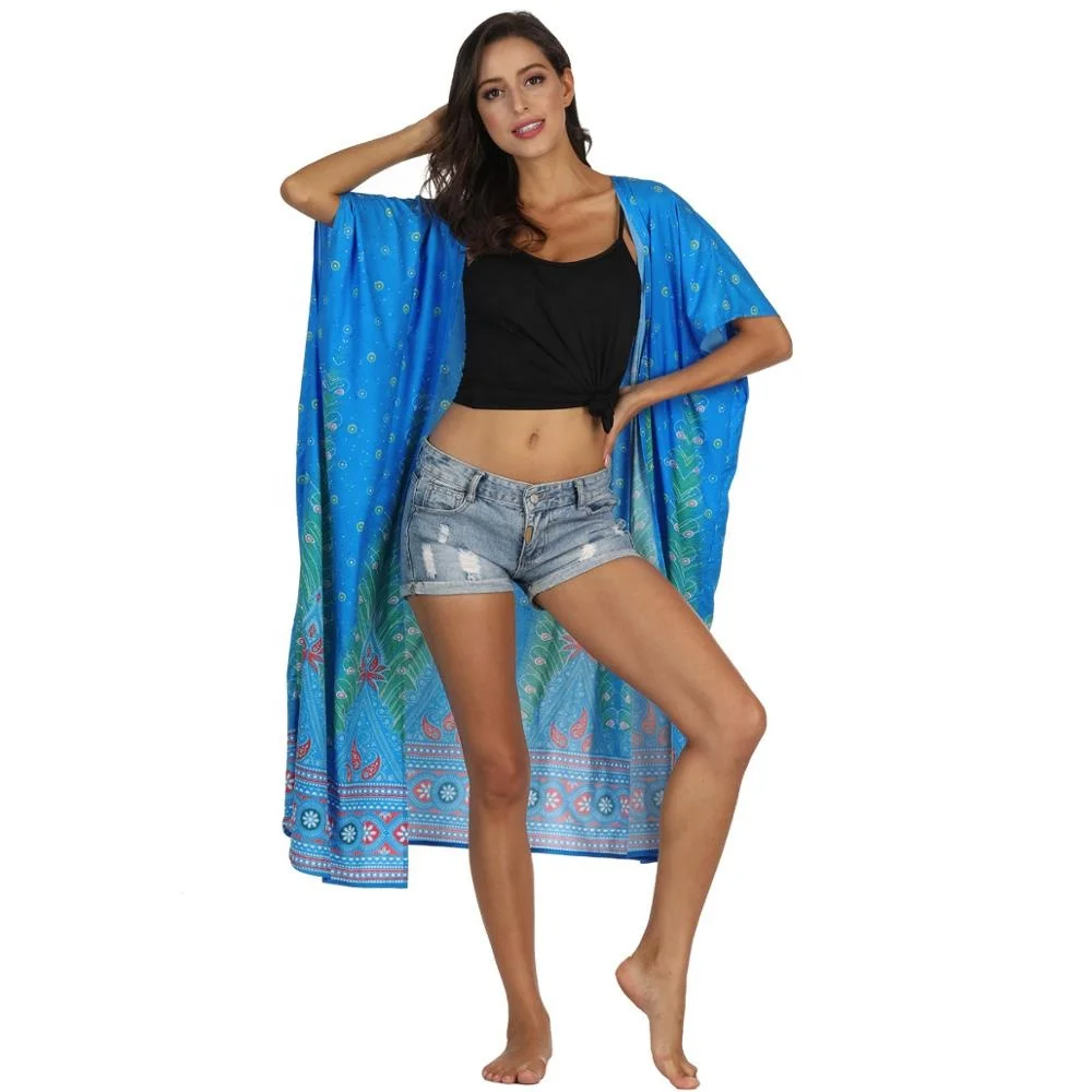 Printed Women Beachwear Fashion Beach Sun-protective Quick Dry Short Sleeve Long Blouse Elegant Cardigan Blusa Praia