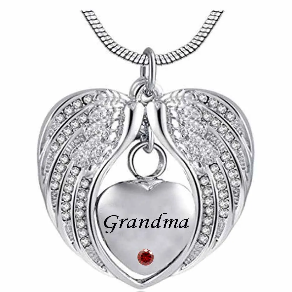 Cremation Jewelry Angel Wing birthstone Grandma Heart Pendant Memorial Urn Necklace