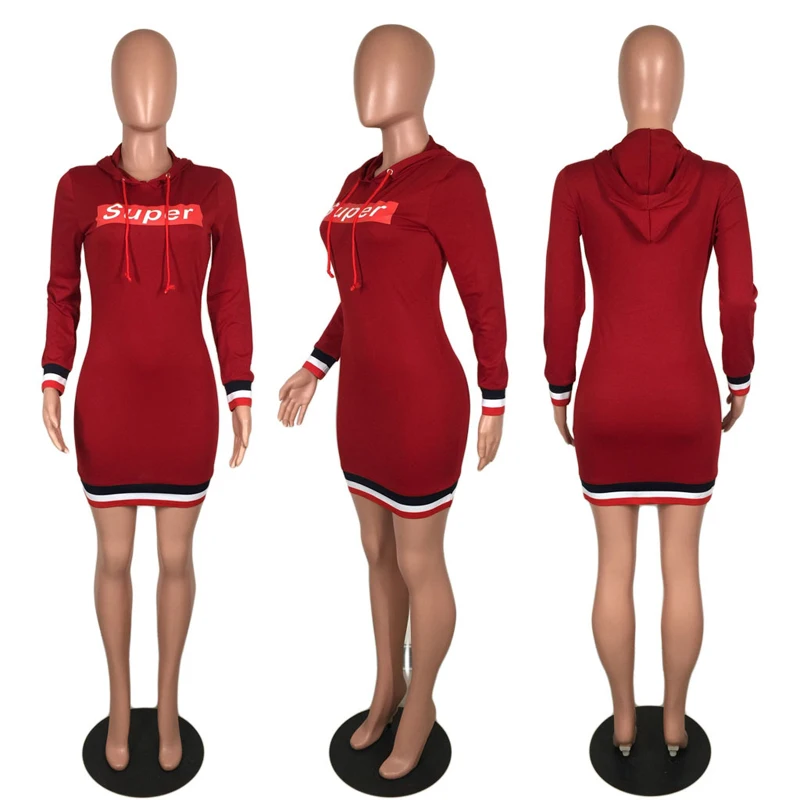 
Casual Hooded Collar Letters Printed Grey Polyester Mini Dress With African Bodycon Dress 