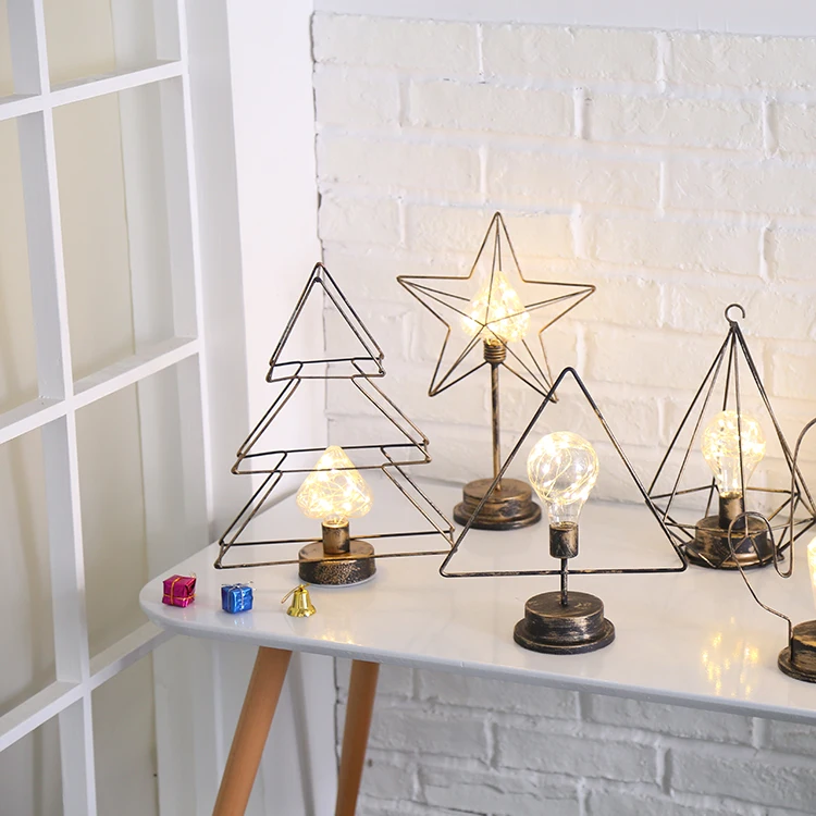 LED brass caged iron battery triangle christmas decoration night metal table lamp light