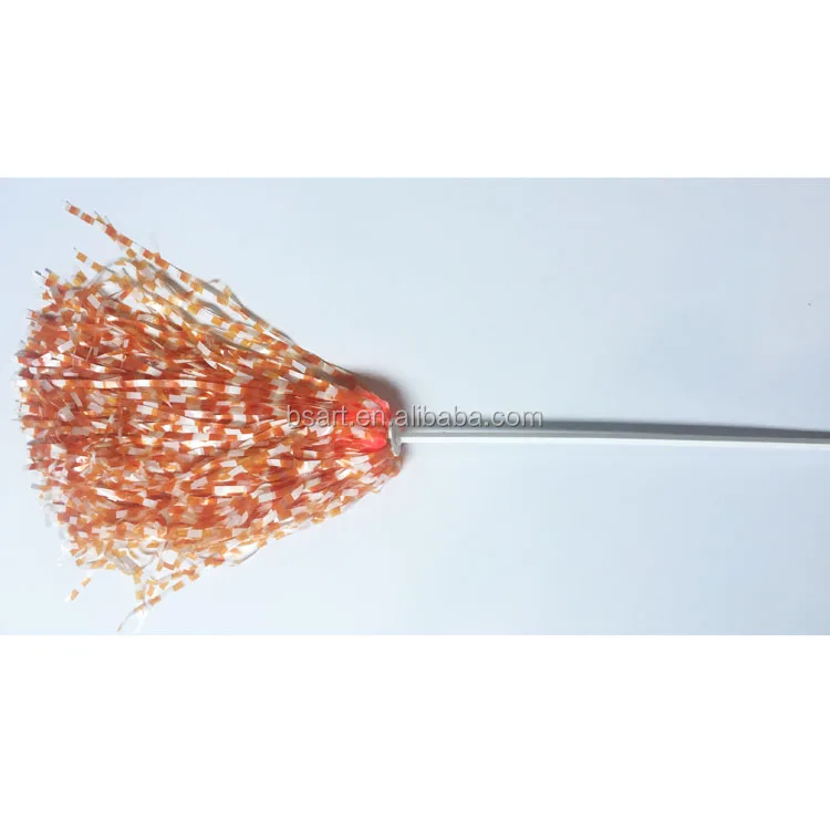 Orange and white LED cheerleading pompom / pom pon on plastic stick