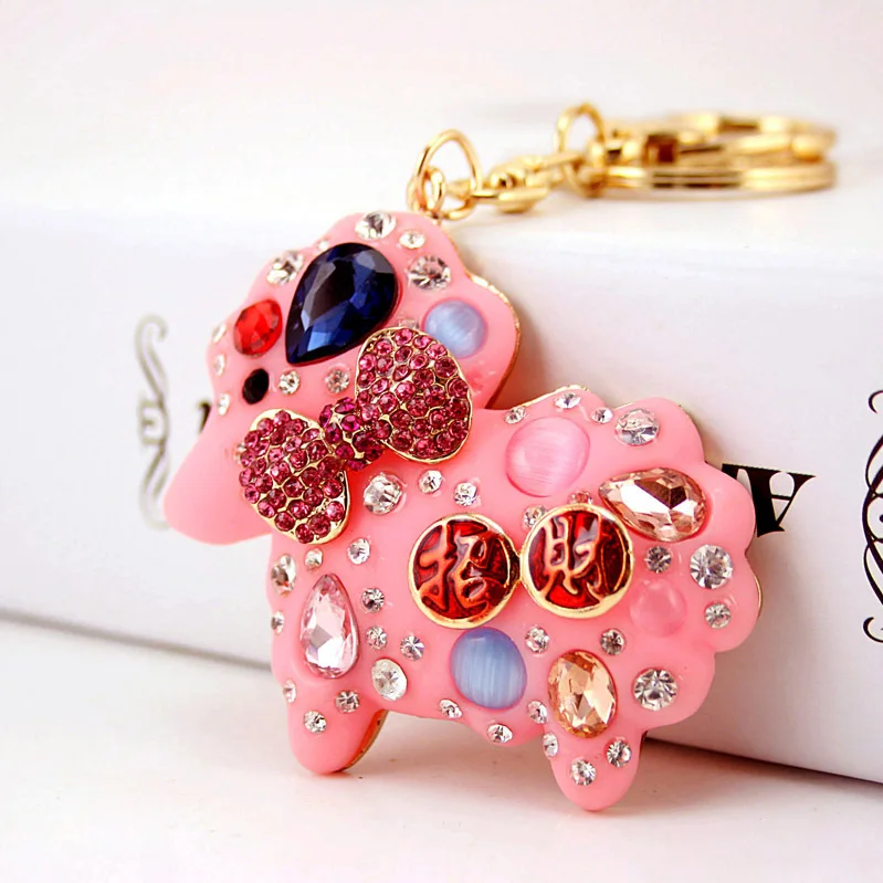 Cute Lovely Zodiac Sheep Keychain Opal Resin Rhinestone Crystal Lamb Key Ring Purse Bag Car Trinket Women Animal Jewelry Gift