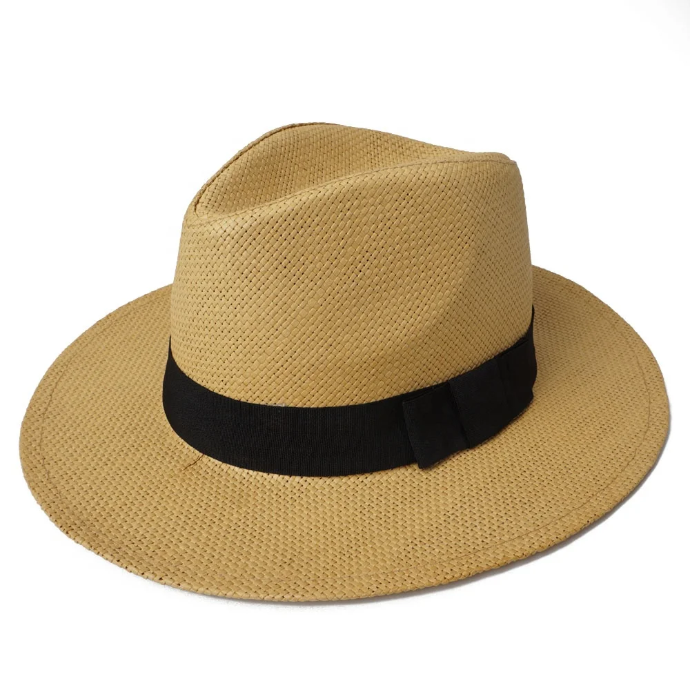 Mens paper straw flat brim panama hat summer sun hat with black band