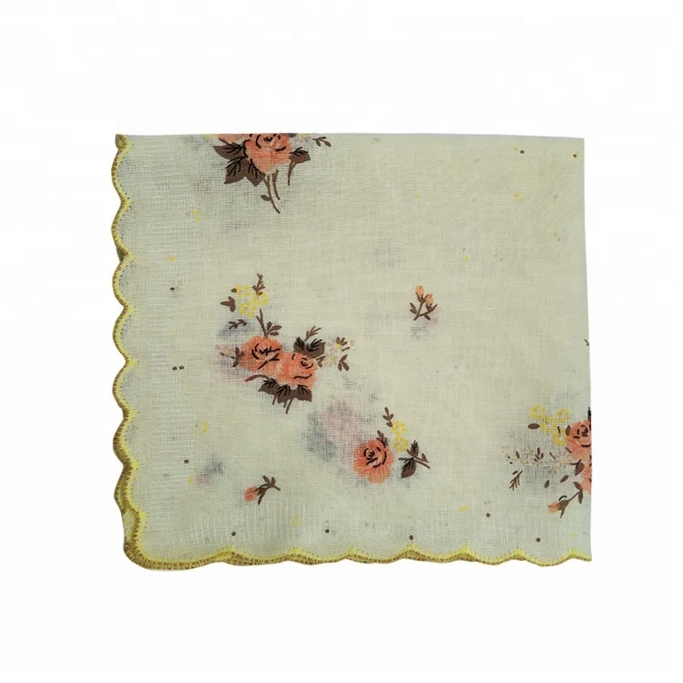 Wholesale 100% Cotton Scallop Edge Ladies Mini sultana and golden scarf cloth Handkerchief