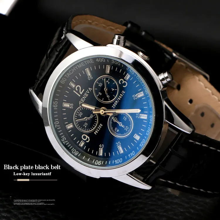 
Luxury Fashion Blue Ray Glass Three-eye Watch Leather Strap Waterproof Quartz Mens Watch for sport 