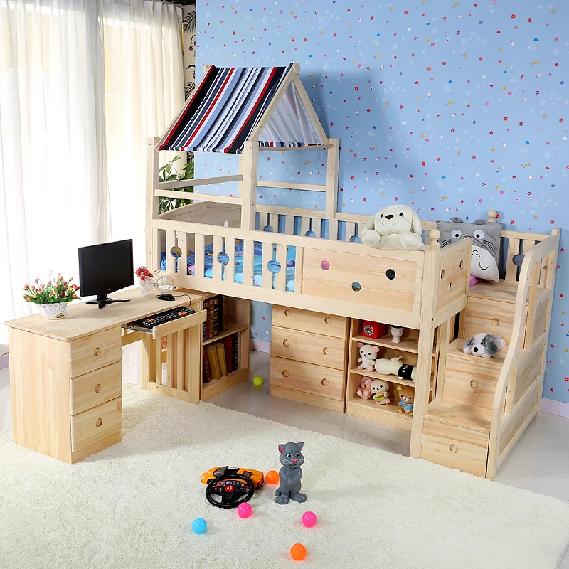 Latest Bedroom Furniture Wooden Kids Cartoon Slide Storage Bed Set Designs