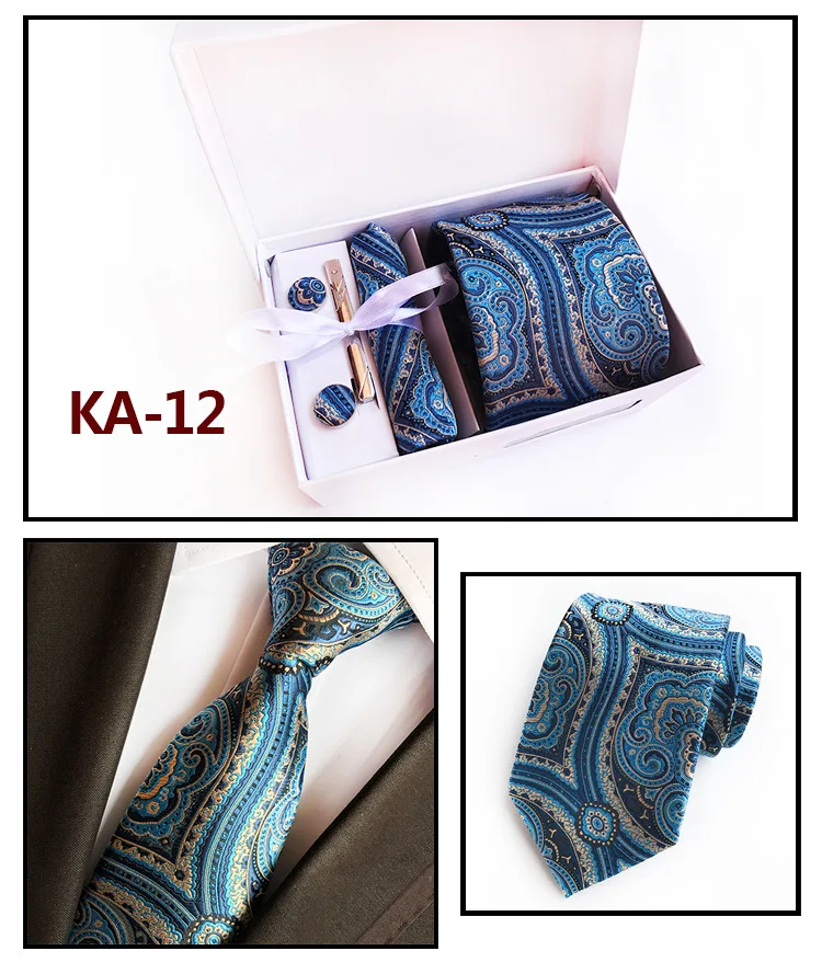 Wholesale Mens silk tie pocket square cufflinks tie clip gift set with gift box