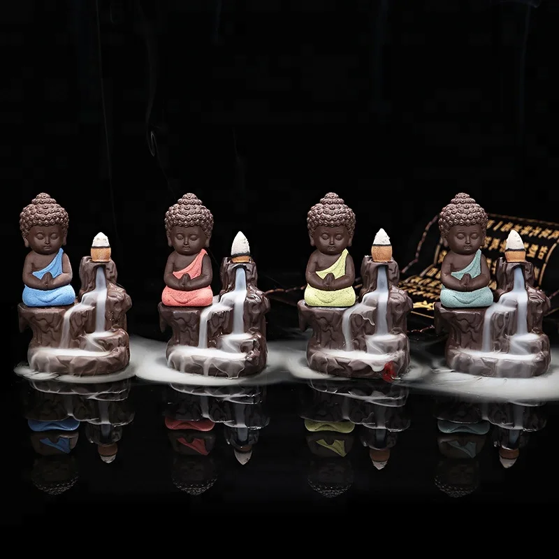 Ceramic Buddha statue Ceramic Incense Burner Backflow Tower Cones Sticks Holder Ceramic Porcelain Buddha Monk Ash Catcher- Red