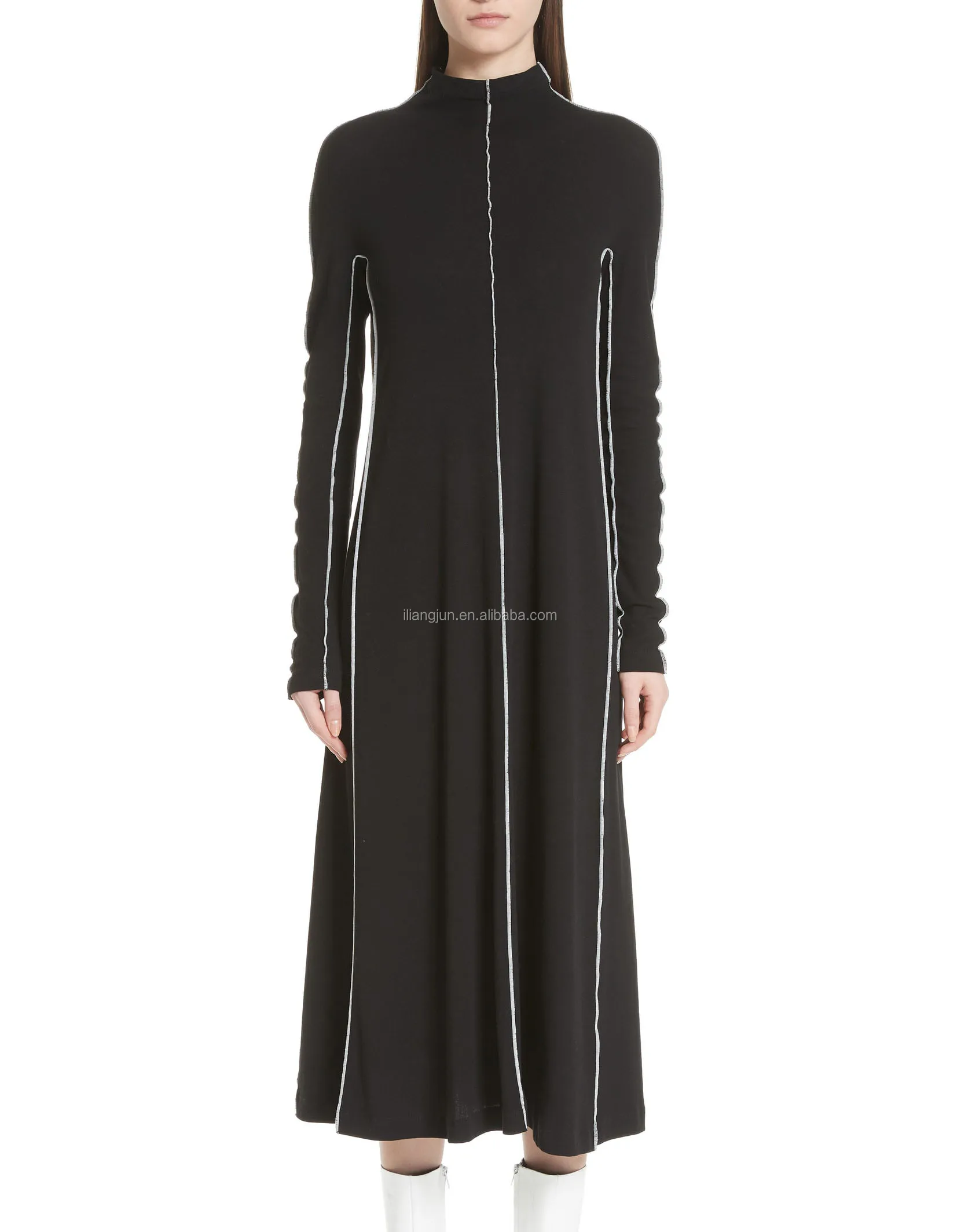 Contrast stitched exposed seam black japanese cotton midi dress 2021