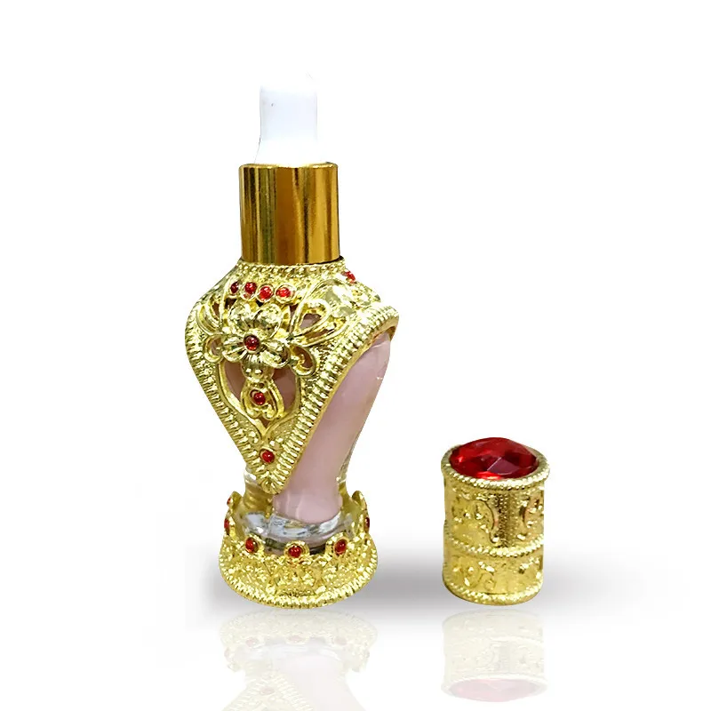 8ml Arabic Style crystal diamond perfume bottle with Metal and Beads Decorated Glass Stick/Dropper Cap