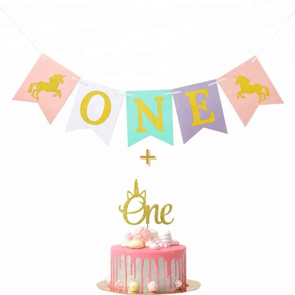 Unicorn Smash Cake Kit First Birthday One Banner Highchair Banner with Gold Glitter Unicorn One Cake Topper for Birthday