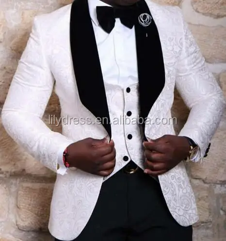 
New Groomsmen Shawl Velveteen Lapel Groom Tuxedos Red White Black Men Suits Wedding Best Man Blazer (Jacket+Pants+Vest) Z100 