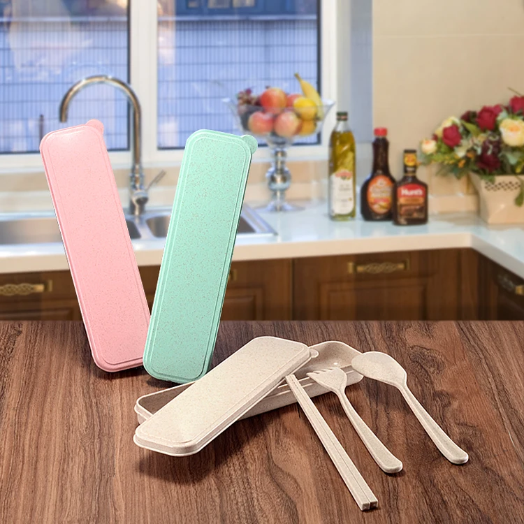 Good Quality Home Use Goods Green Colour Wheat Straw Fork Chopsticks Spoon Tableware Dinnerware Sets