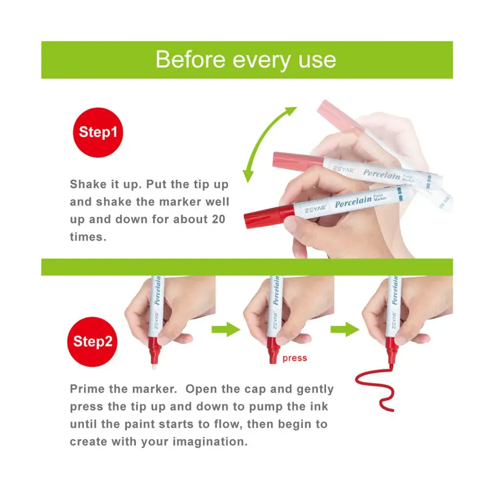 Customized ZEYAR Ceramic Paint Pens water based ink Medium Point 12 Colors DIY on Mugs and other Ceramics for Permanent saving