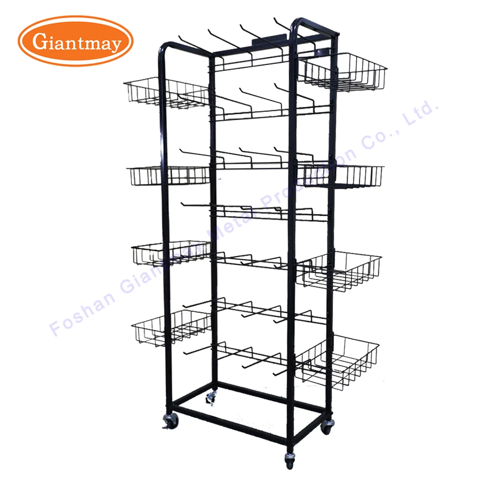 Retail Shop Supermarket Metal Wire Rack Mesh with 8 Baskets Shelf Candy Product Hooks Display Stand