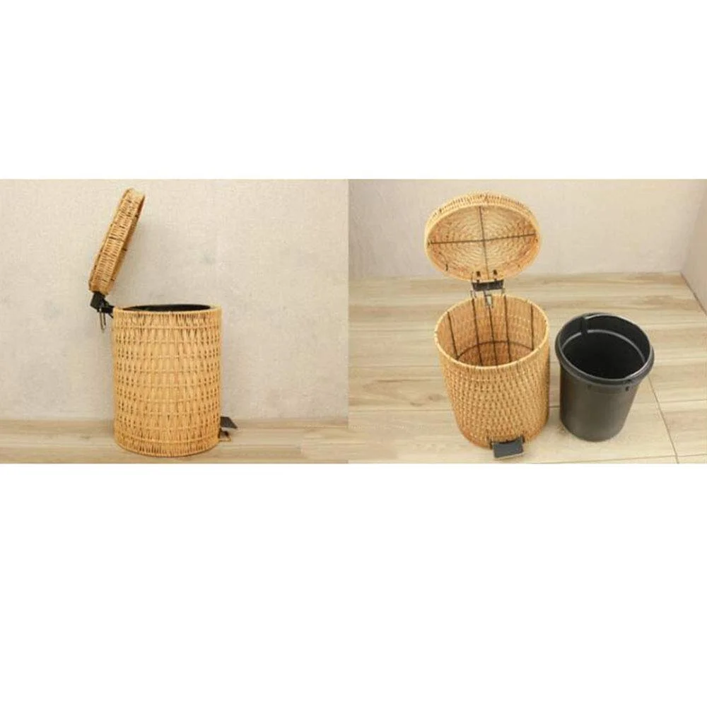 Bamboo Pedal Trash can,Round Simple Easy to Clean Garbage Can with Lid Home Living Room Bedroom Kitchen Bathroom Natural Paper B