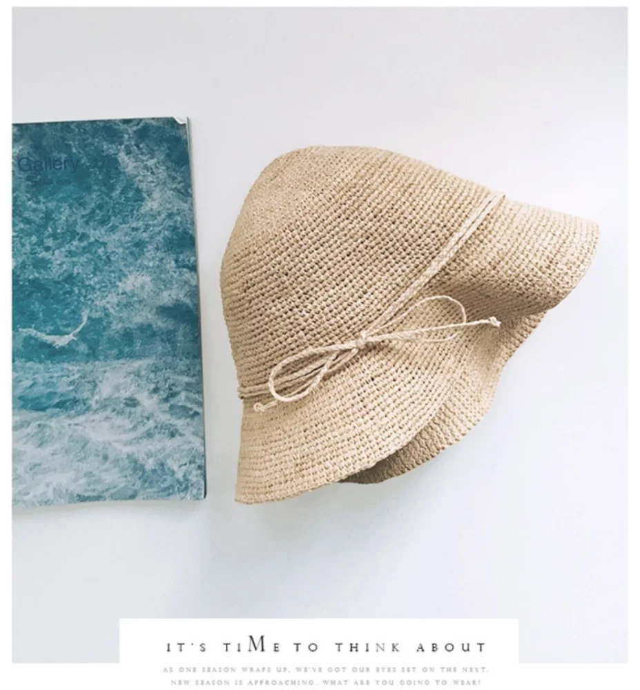 Hot sale custom plain raffia straw bucket hat cloche hat sun hat with bowknot ribbon
