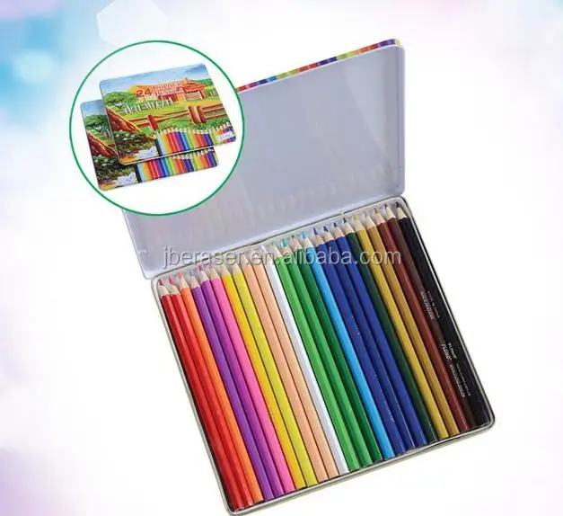 
 Длинный размер 24 шт. цветной деревянный карандаш в Металл Олово упаковочная коробка для подарка  