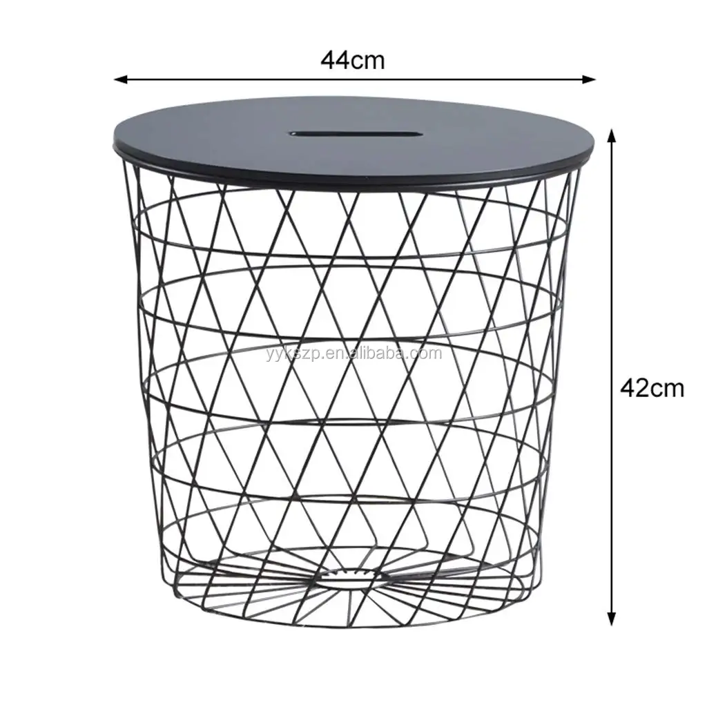 
Storage basket design metal wire frame coffee table set with solid wood cover 