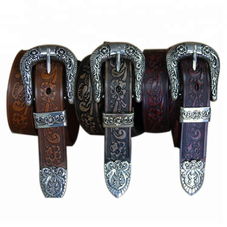 High Quality Unique Embossed Leather Belt with Carving Metal Buckle