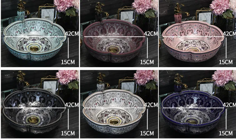Jingdezhen flower shape colorful famille rose porcelain art ceramic antique bathroom basin