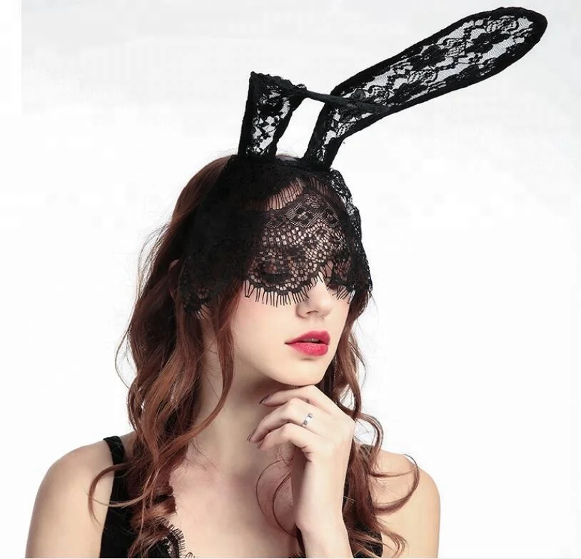 Black White Red mask with Lace Big bunny ears party Halloween Hair accessory
