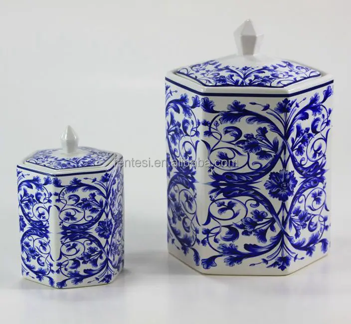 ceramic storage jar with blue & white decal