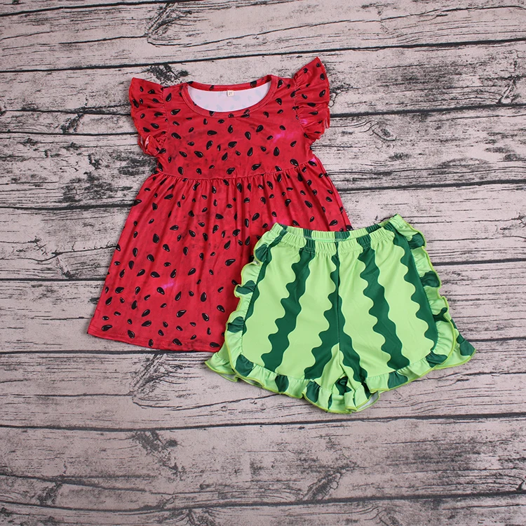 hot sale flutter sleeve shirt and short pants  watermelon suit turkey wholesale children clothes