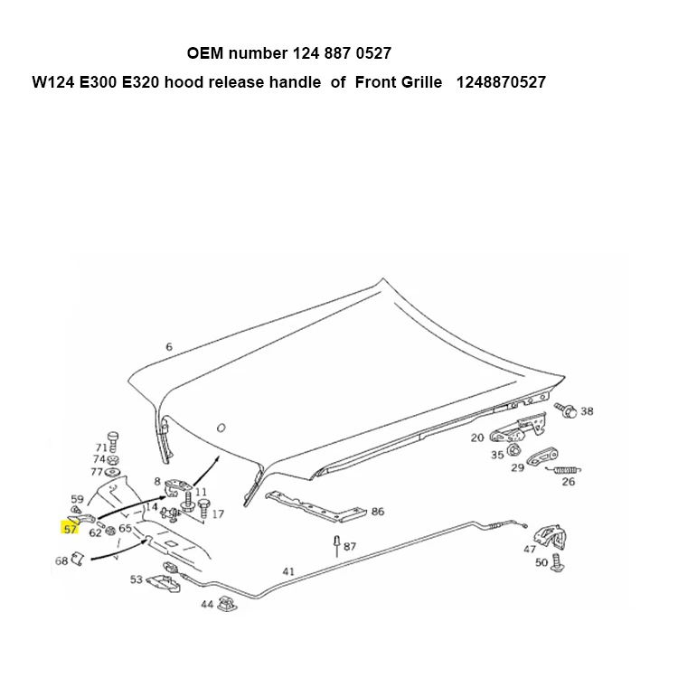
W124 E300 E320 hood release handle of front grille located between the hood and the grille oem 1248870527 (1994-1995) 