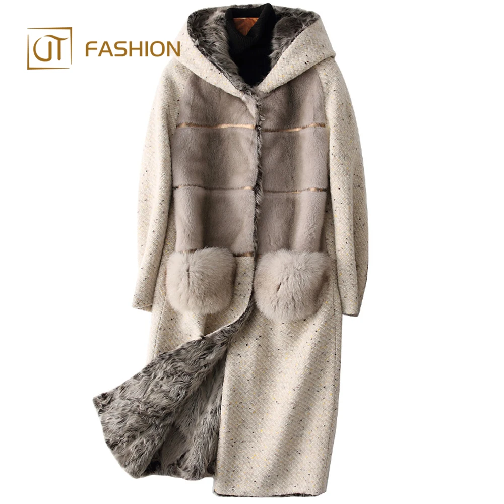 Top quality jtfur wholesale women silk fabric fox fur pocket coat lamb fur shearling noble long parka