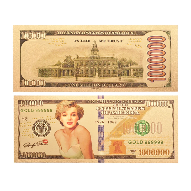 Amazon New Sale Custom Gold 999999 One Million Dollars Color Marilyn Monroe Coins Gold Foil Banknote For Collection