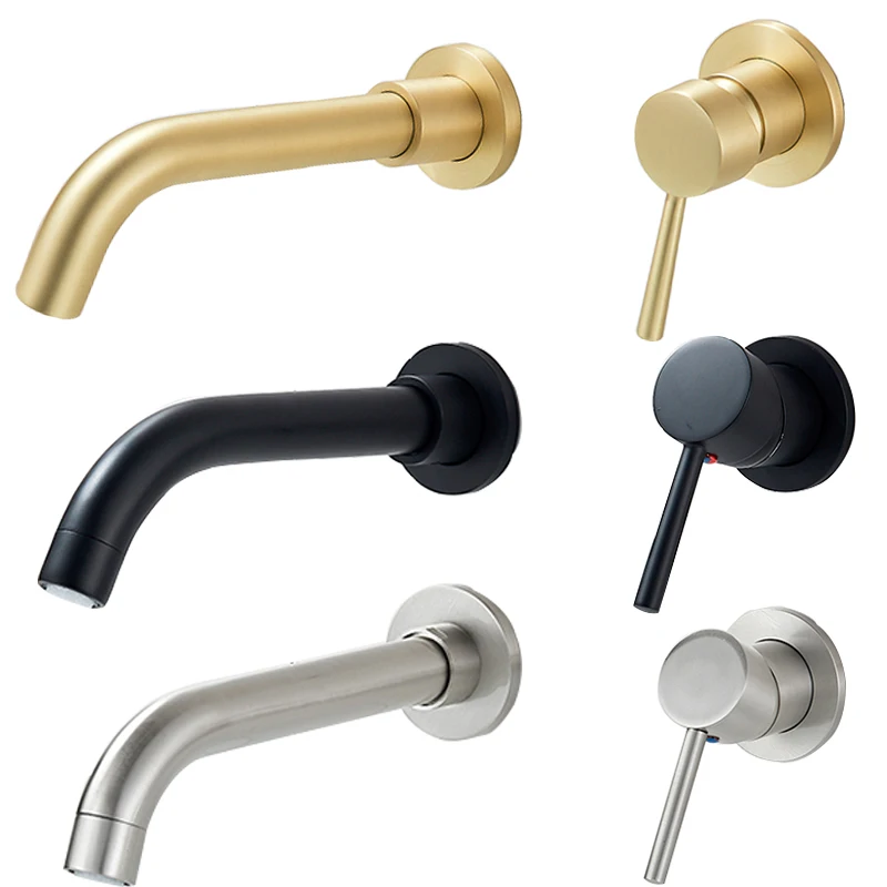 
New Hot Sale Brushed Golden Basin Faucet Concealed Wall Mounted Basin Hot Cold Water Bath Mixer Tap 360 Rotation Single Handle 