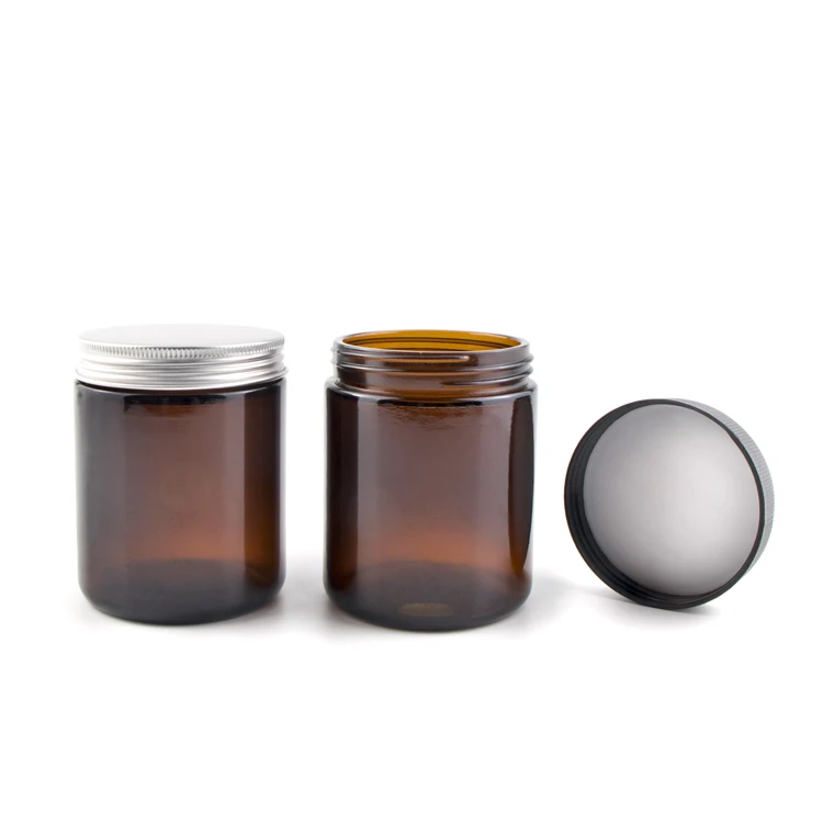 Premium 1 2 3 4 5 6 7 8 oz pharmacy jar container big round amber glass jars with metal silver round lids