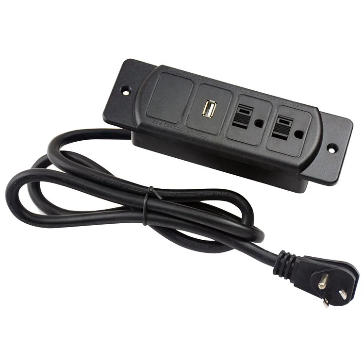10ft round wire extension color black US 3 pin plugs 2 outlets concealed mounted power socket AC 125V 12A with USB port