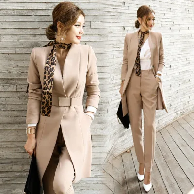 
2021 Spring Elegant Khaki Ladies Suit Long Style Casual Two Piece Blazers Suits Set 