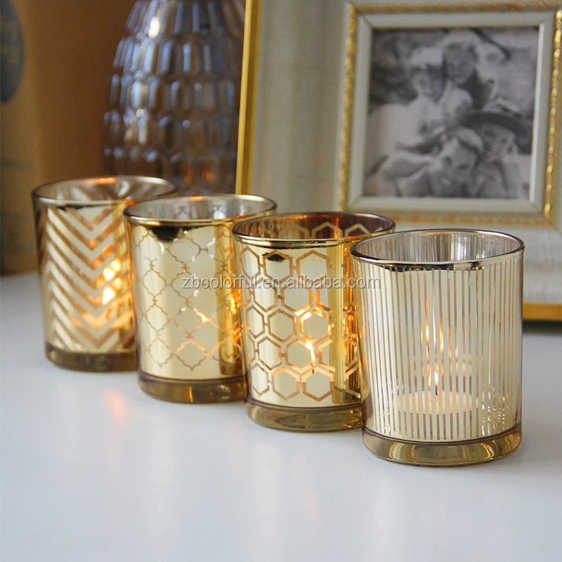 Wholesale mercury electroplated gold candle holder glass candle jars