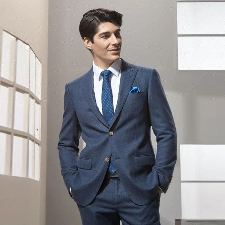 Regular style navy blue business groom wedding suit 100% wool high quality suit.