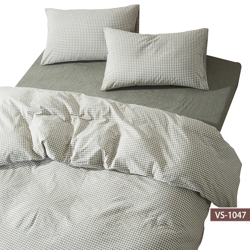 Simple Japanese style stone washed 100% cotton bedding linen in small check pattern