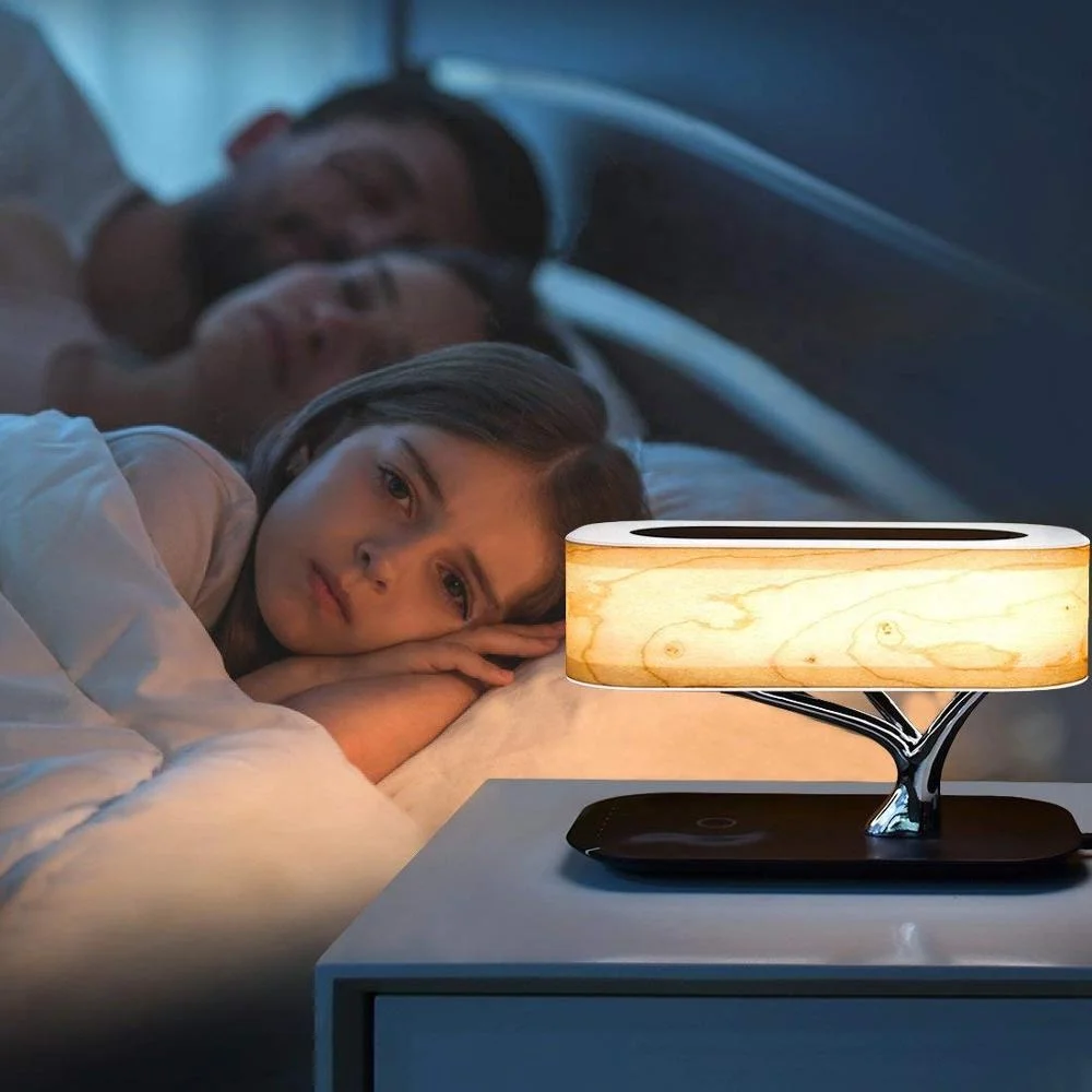 Bluetooth-колонка с беспроводным зарядным устройством, режим сна, плавное затемнение, освещение с деревом, настольная лампа с беспроводной зарядкой
