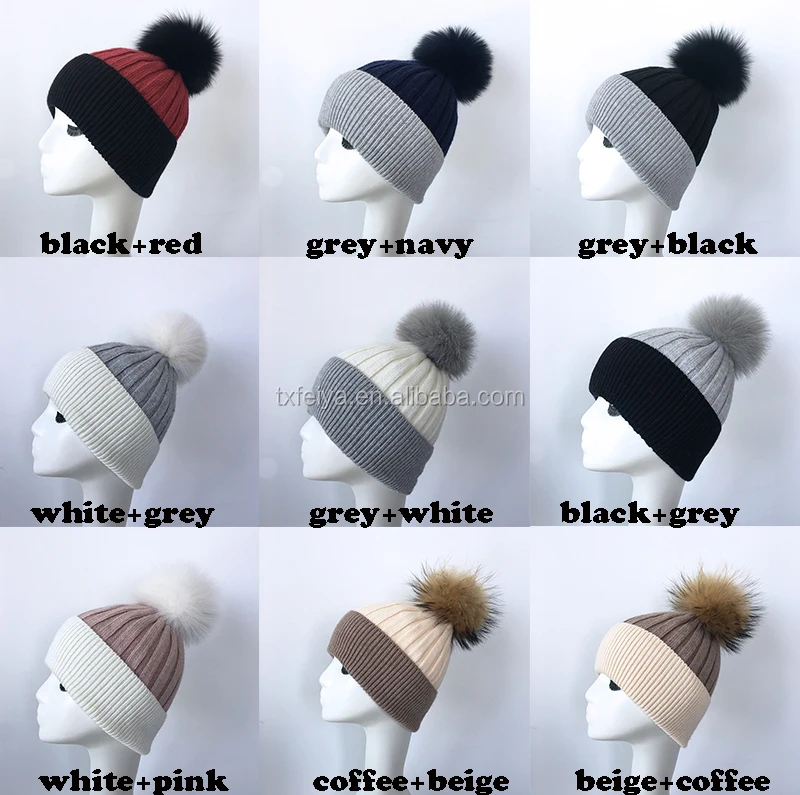 Wholesale Crochet Knitted Wool Beanie Hat with Fox Fur Pom Pom