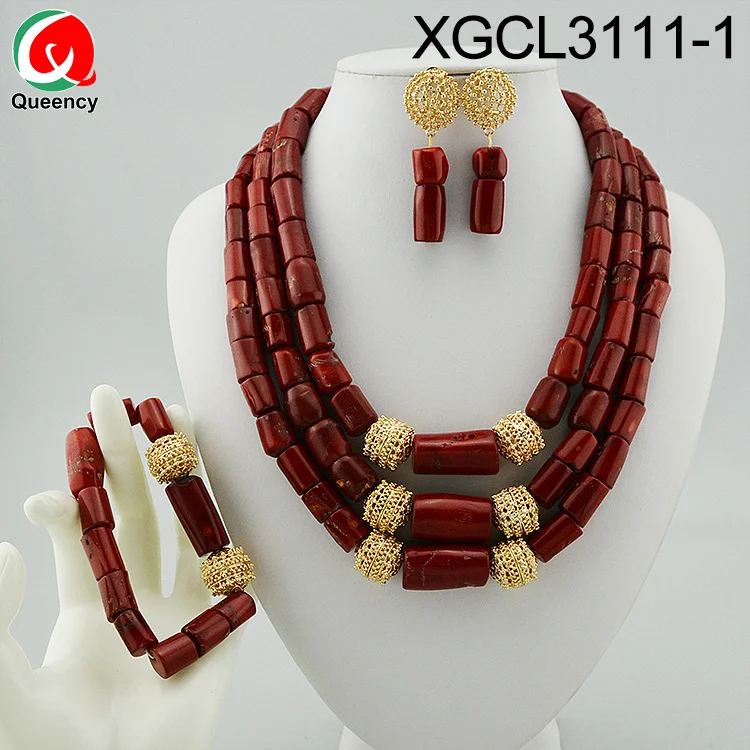 Queency High Quality Orange Coral Beads Bride Wedding Jewellery Designs Dubai Gold Jewelry Set