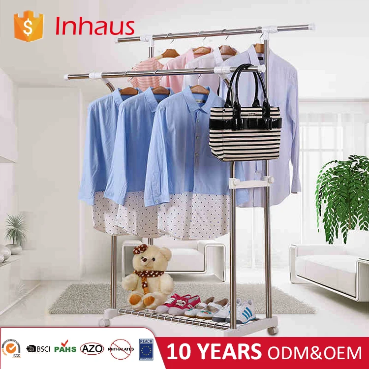 Double pole stainless steel adjustable height foldable clothes hanger With Shelf