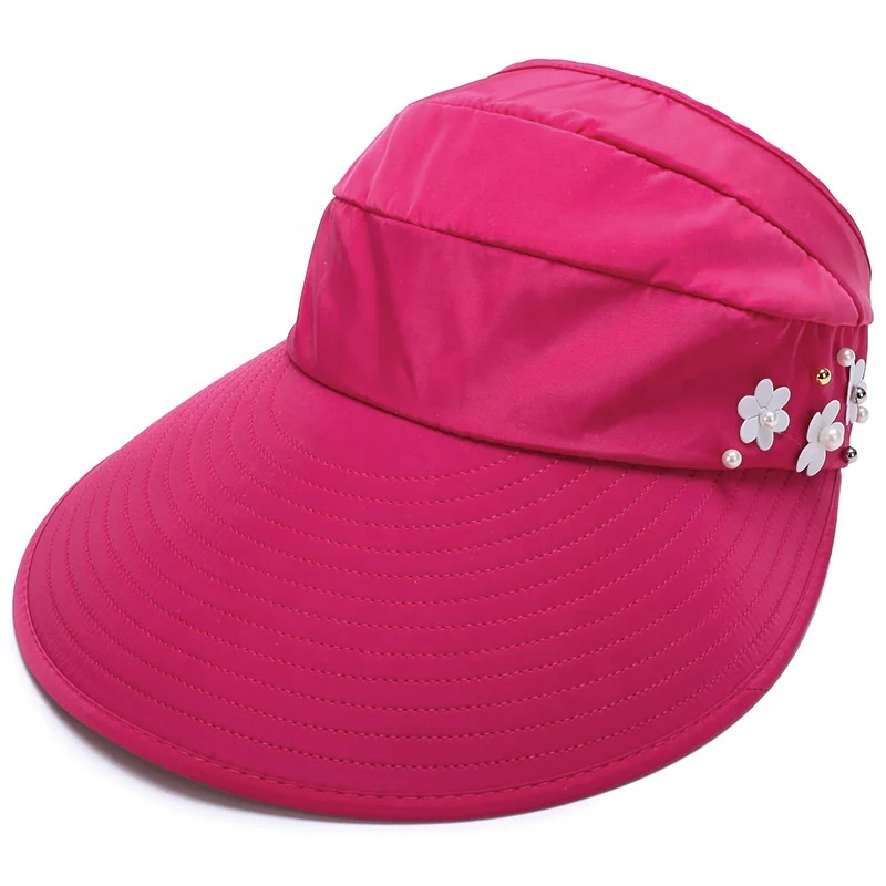Hot Selling Women Summer Wide Brim Cap 100% Polyester Adjustable Sun Visor Cap Hat With Small Plastic Flower Visors