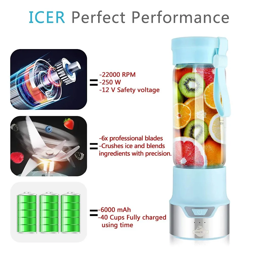 Personal Single Serve Powerful 12V Jet Motor ice crusher Smoothies Blend Bottle Portable Blender