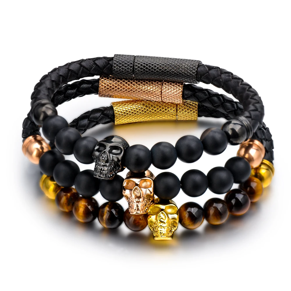 Fashion Tiger Eye Stone Bead Gold Skull Charm Leather Bracelet For Men,Mens Bracelets Skull Jewelry
