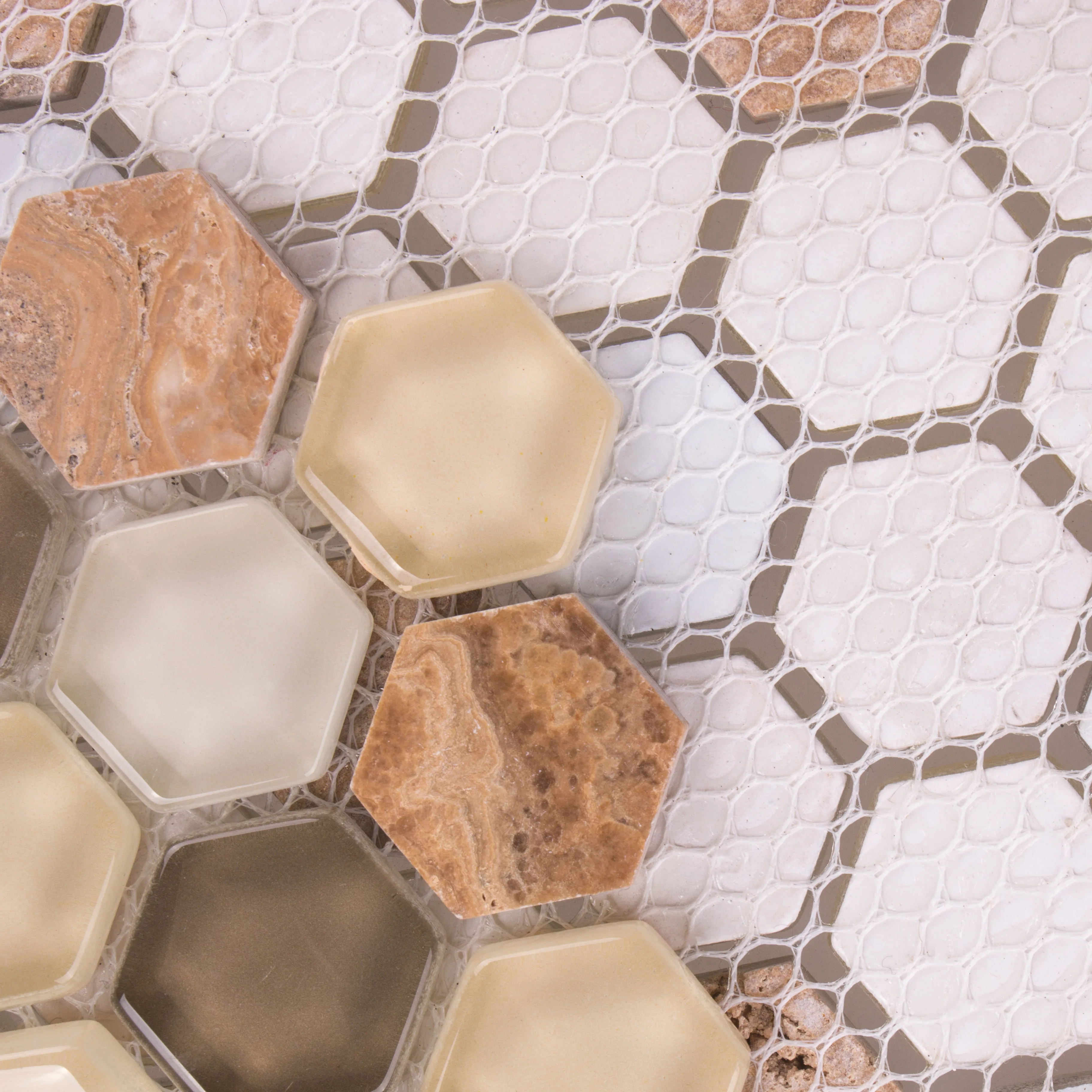Orange brown color water jet hexagonal marble stone glass mosaic tiles
