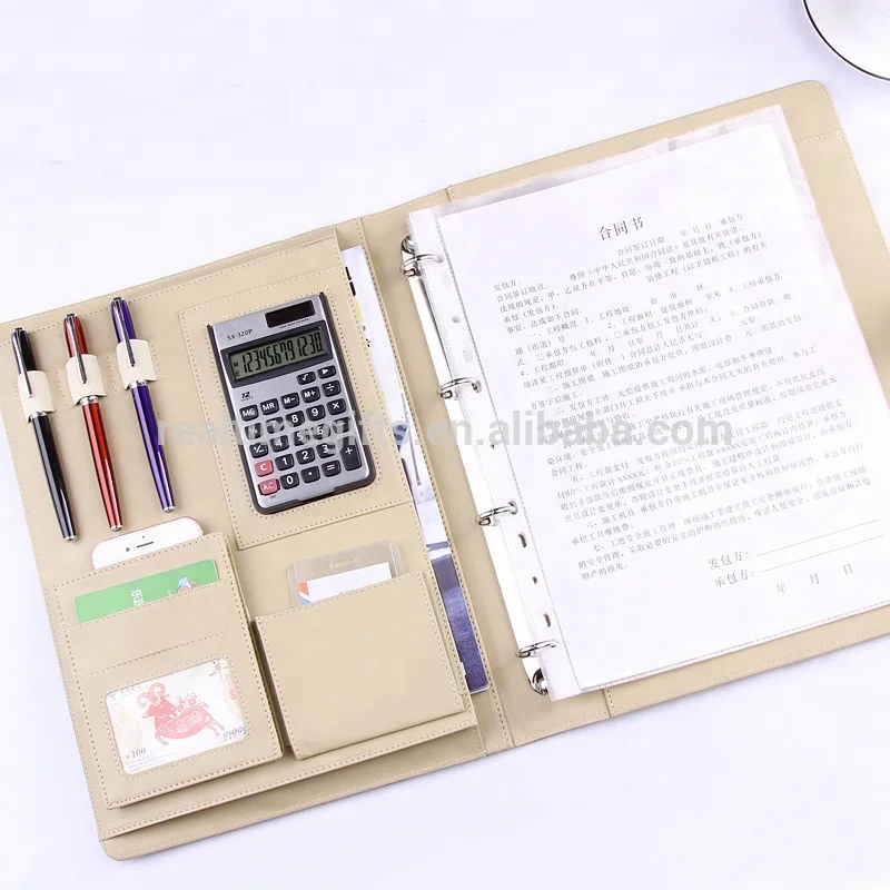 Fashion Multifunction Large Capacity Business Conference Metal Ring Binder A4 PU Leather File Folder Organizer