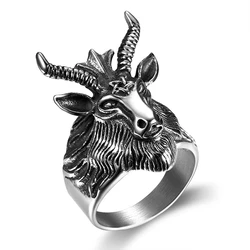 316L Stainless Steel Personality Domineering Halloween Long Horn Satan Ram Goat Ring Vintage Biker Pentagram Male Jewelry