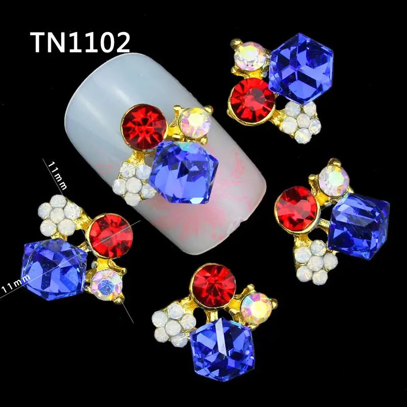 10 Pcs 3D Nail Art Decorations Gold Alloy Diy Glitter Geometric Charm Red Blue AB Rhinestone